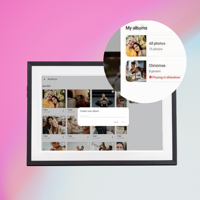 Digital photo frame displaying customisable albums and slideshow features from personal photo library.