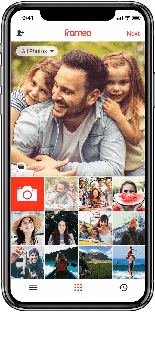 The free Frameo app open on a phone, showing the photo picker used to select and send photos to a LuvLink digital photo frame