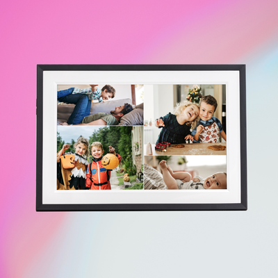 Digital photo frame with black border displaying five family photos of parents and children.